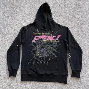 Sp5der Pink Spider Web Hoodie Mens Medium Black Graphic Pullover